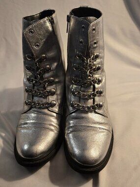 Circus By Sam Edelman Silver Metallic Dacey Combat Boots with Chains Size 8.5